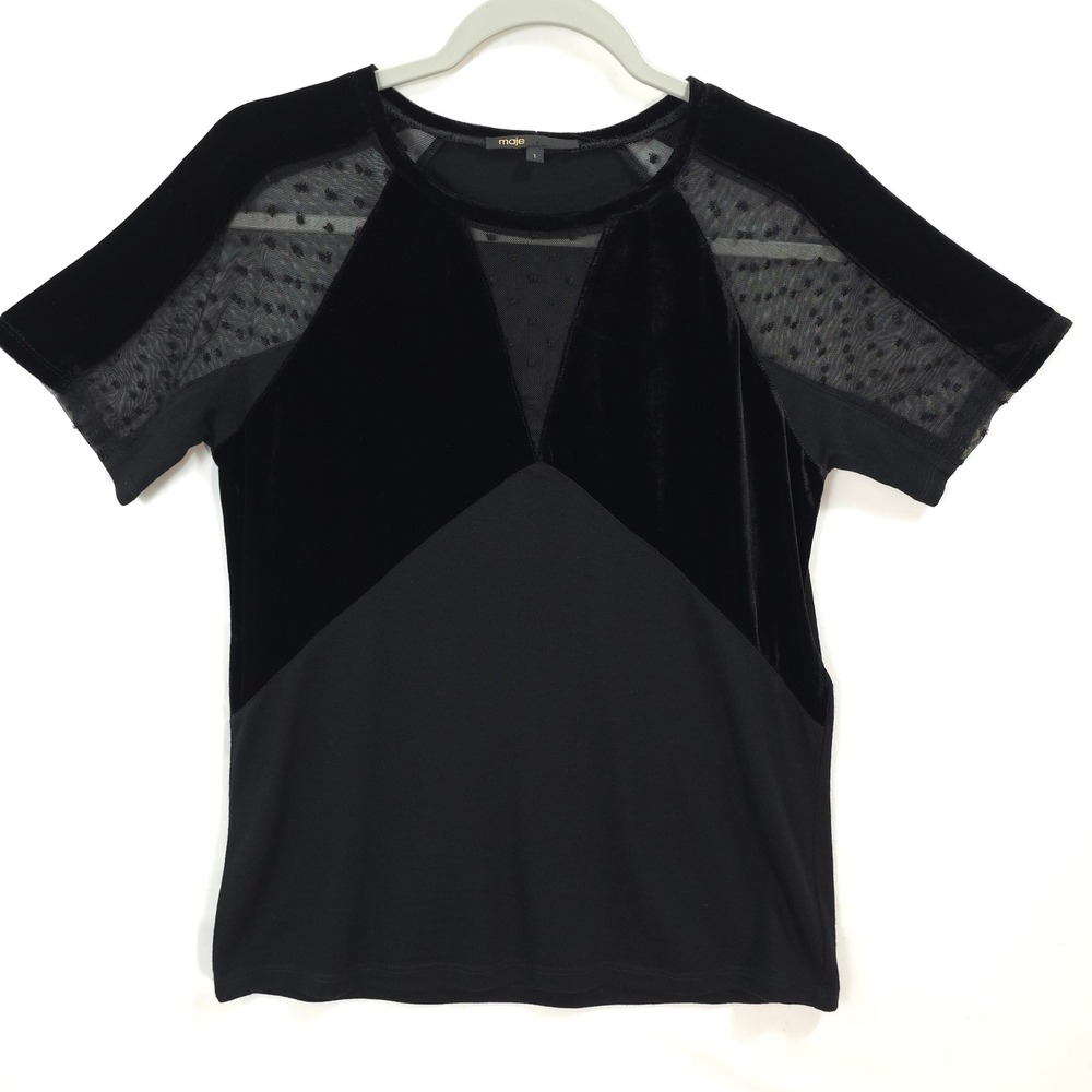 Maje‎ Black Velvet Mesh Dot Yoke Mix Media Top Size FR 1 US S Chic Parisian